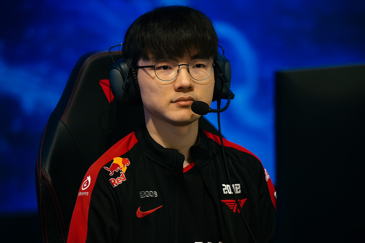 Faker concentrado durante una partida en Worlds 2025 con luces rojas y azules en el escenario de e-sports.