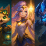 Campeones de League of Legends brillando en la Grieta del Invocador con luces mágicas azules y doradas.