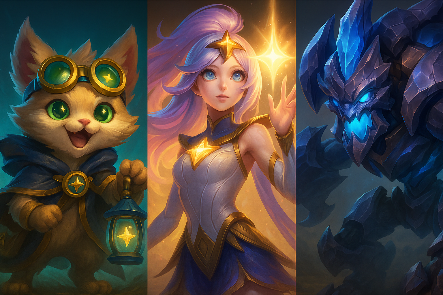 Campeones de League of Legends brillando en la Grieta del Invocador con luces mágicas azules y doradas.