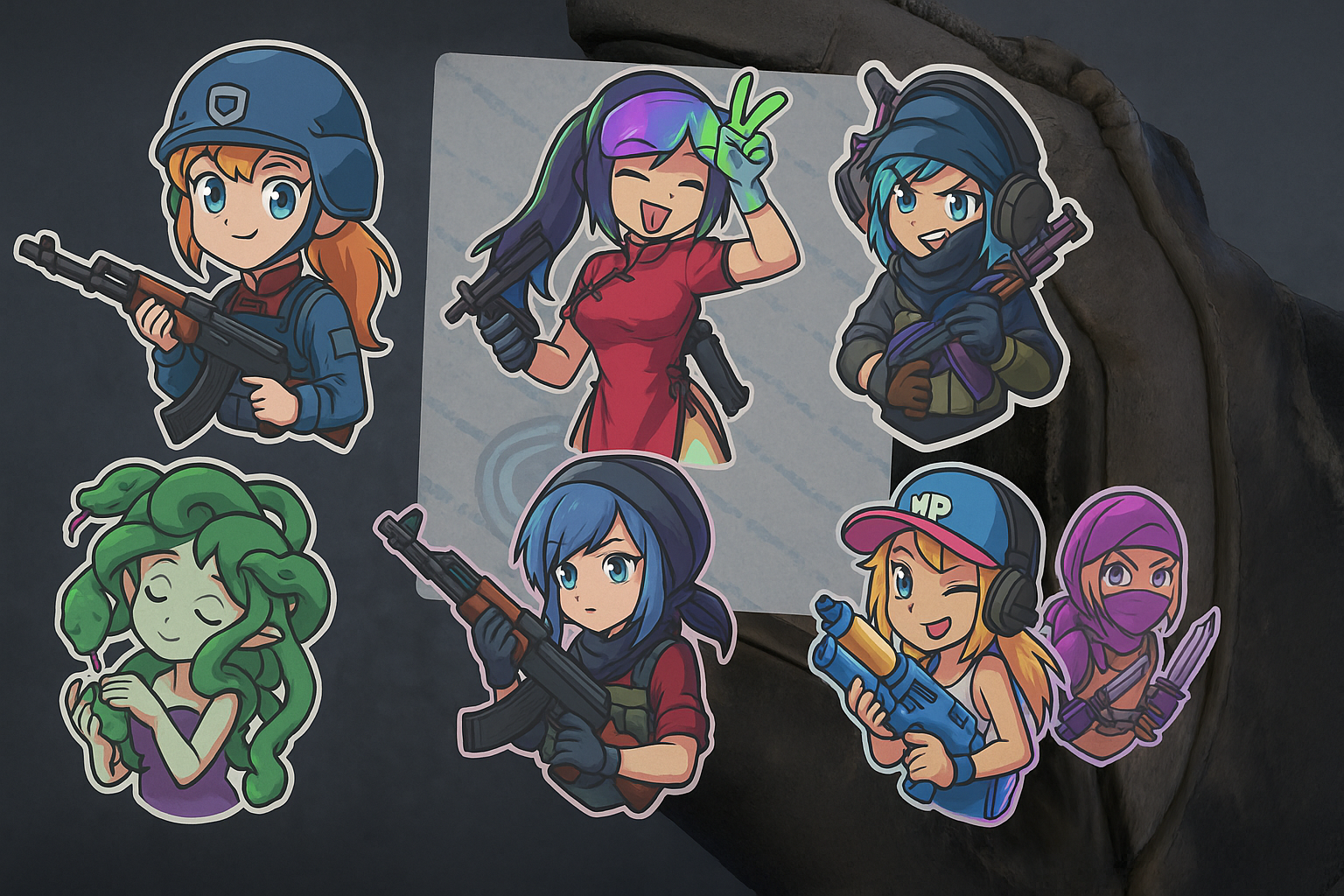 Stickers de anime en armas de CS2 bajo luz de neón, estilo e-sports