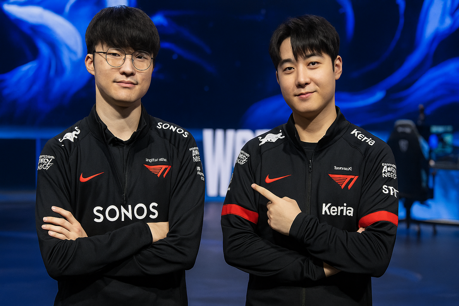 Faker y Keria de T1 posando en el escenario de Worlds, analizando a los campeones históricos del League of Legends.