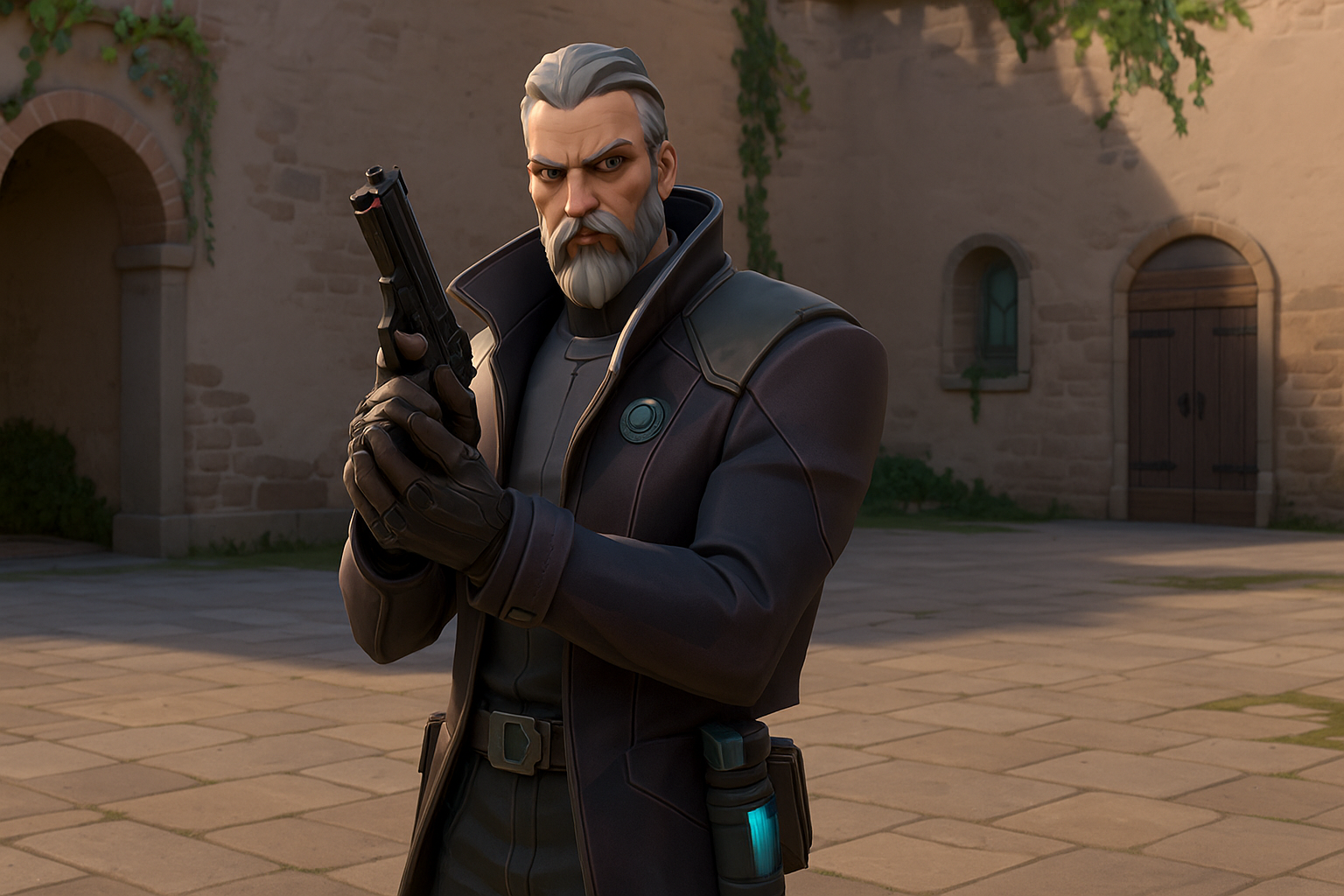 Agente Veto de VALORANT apuntando con su pistola en un mapa mediterráneo, preparado para defender el sitio.