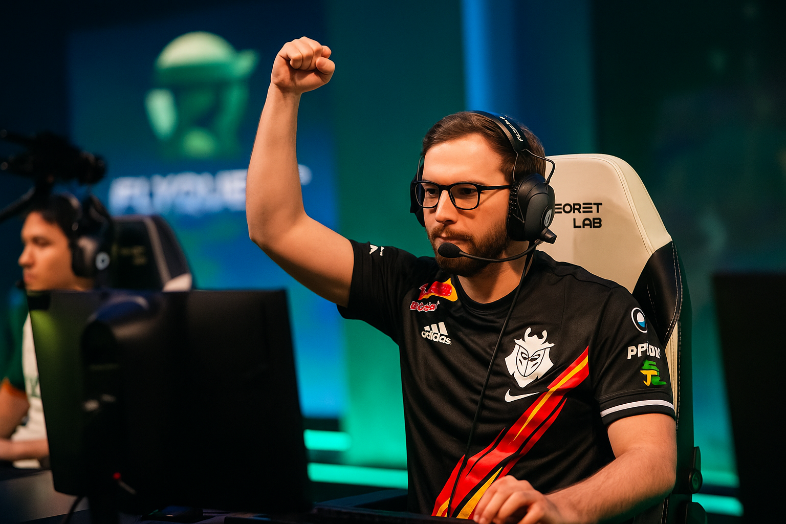 Jugador de G2 Esports celebrando su victoria ante FlyQuest en Worlds 2025, levantando el puño en el escenario de esports.