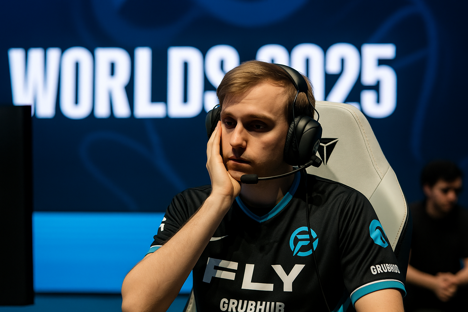 Jugador de FlyQuest reflexionando tras la derrota ante G2 en Worlds 2025, mostrando frustración en el escenario del torneo.