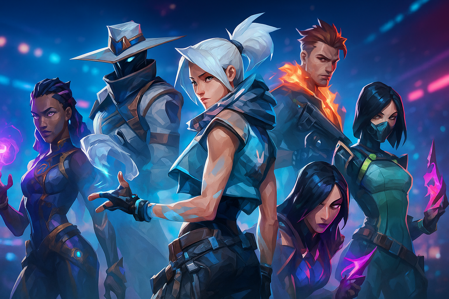 Ilustración horizontal de varios agentes de VALORANT (Jett, Cypher, Phoenix, Viper y más) posando en un escenario de esports con luces neón, sin textos ni logos.