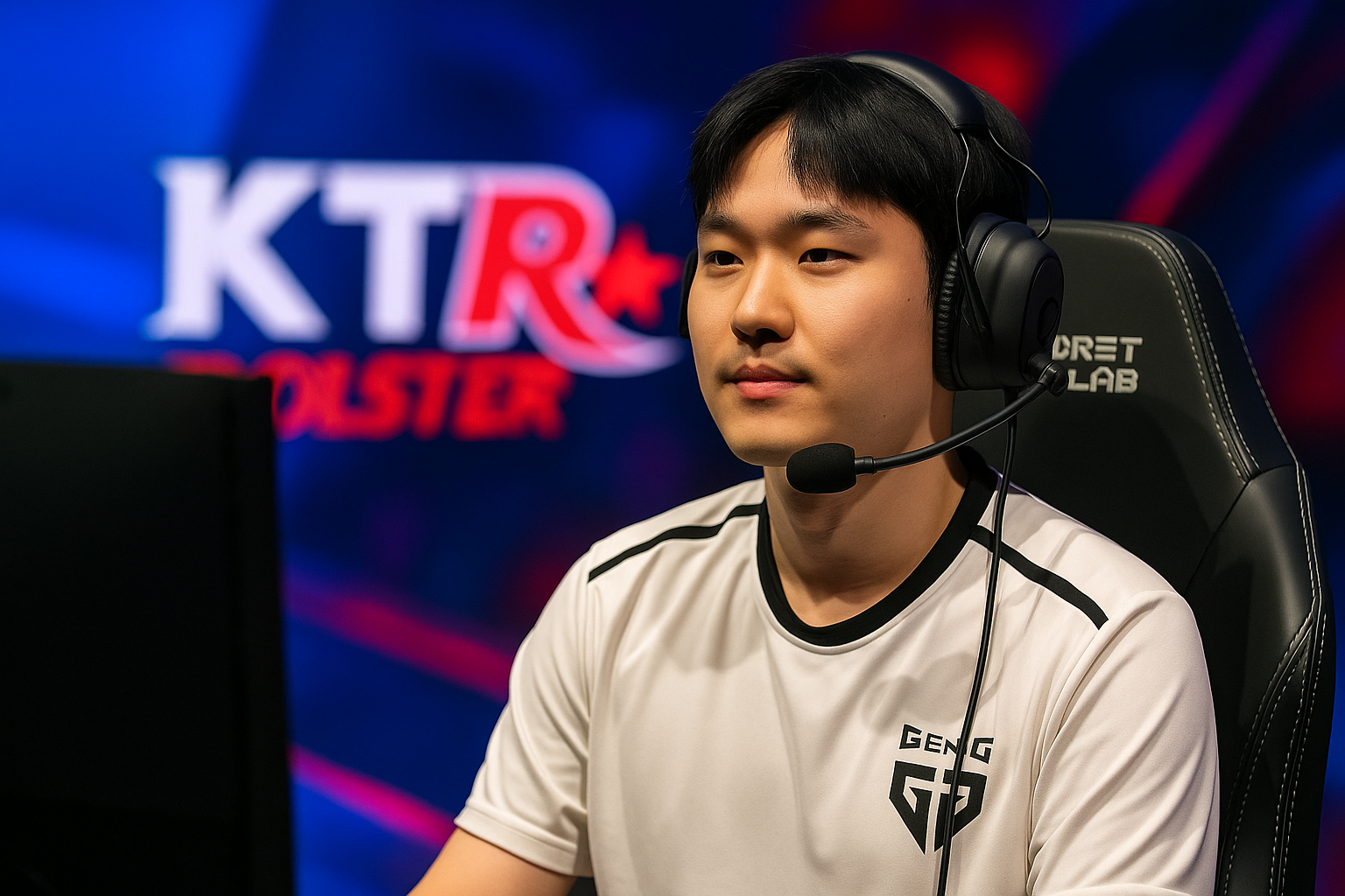 Jugador profesional de Gen.G concentrado en un escenario de esports durante el Worlds 2025, con luces LED y ambiente competitivo.