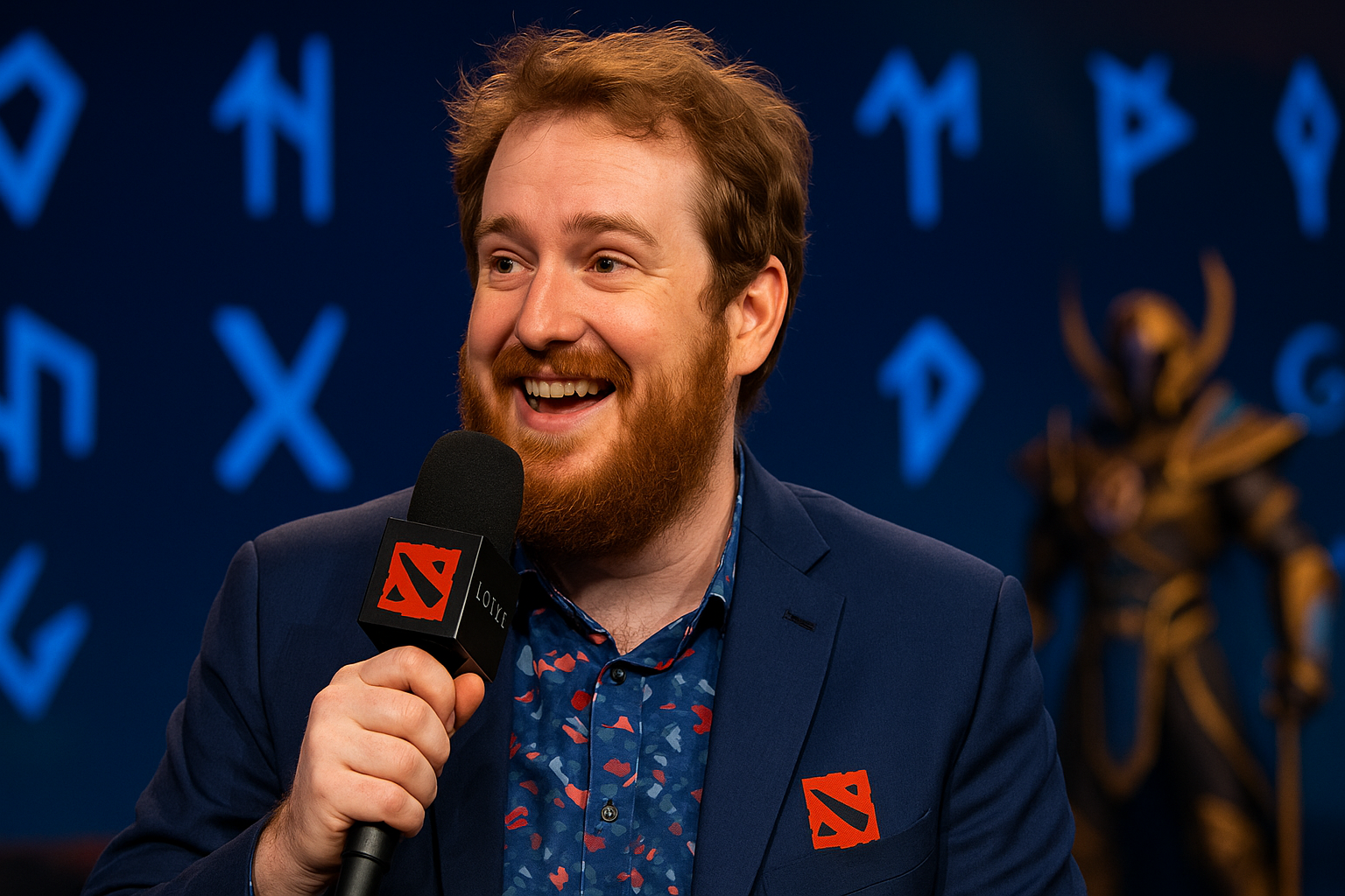 SirActionSlacks hablando entusiasmado en un evento de Dota 2, con símbolos rúnicos azules y ambiente místico en el escenario.