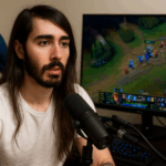 MoistCr1TiKaL jugando League of Legends en su setup gamer, frente a su micrófono y monitor con la Grieta del Invocador en pantalla.