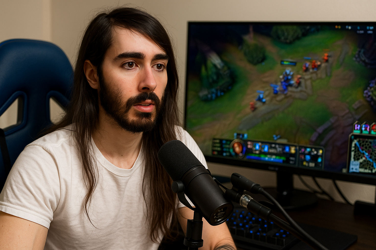 MoistCr1TiKaL jugando League of Legends en su setup gamer, frente a su micrófono y monitor con la Grieta del Invocador en pantalla.
