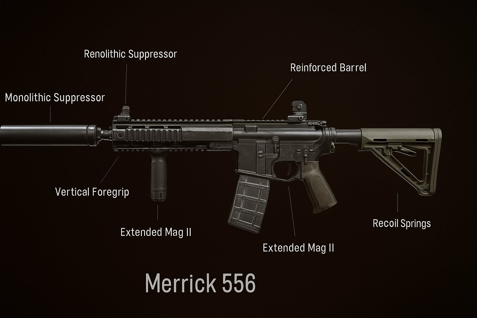 Rifle Merrick 556 personalizado de Call of Duty Warzone con accesorios tácticos, sobre un fondo oscuro con iluminación azul y naranja.