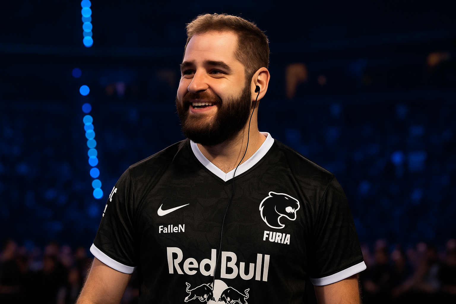 FalleN sonríe en el escenario con la camiseta de FURIA durante un torneo de CS2, bajo luces azules y doradas.