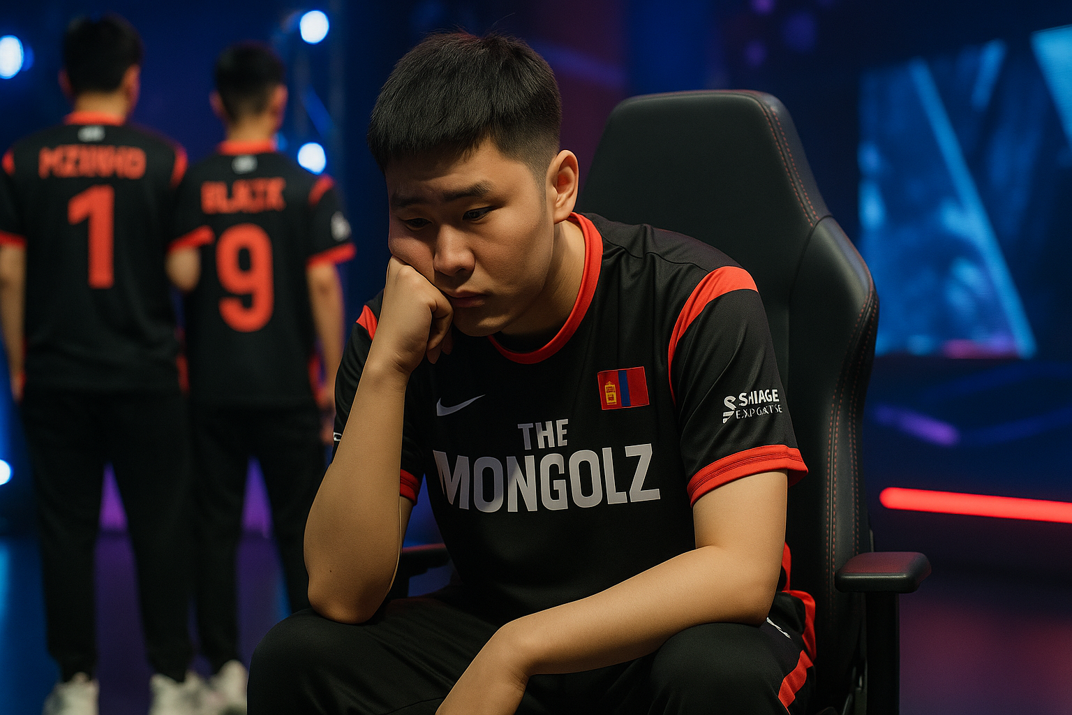 Senzu pensativo en el escenario tras su salida de The MongolZ durante un torneo de CS2, con luces azules y rojas de fondo.