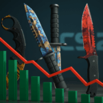 Cuchillos raros de Counter-Strike 2 frente a gráficos de mercado cayendo, simbolizando el colapso económico de skins tras la actualización de Valve.
