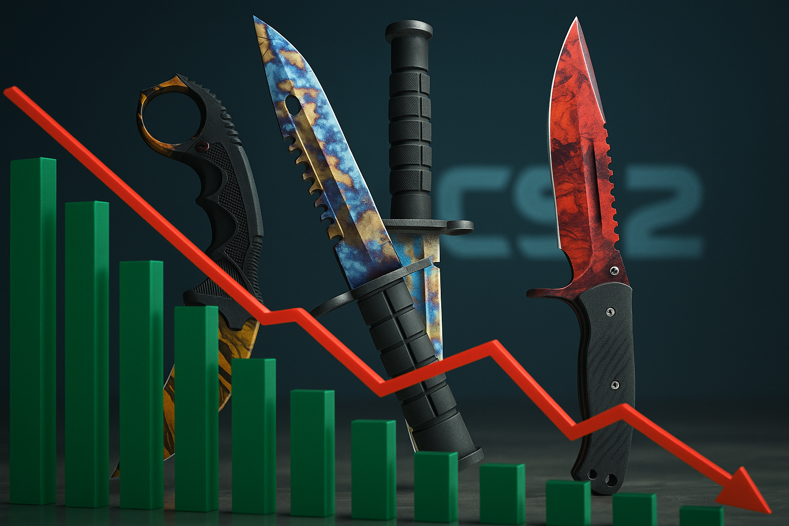 Cuchillos raros de Counter-Strike 2 frente a gráficos de mercado cayendo, simbolizando el colapso económico de skins tras la actualización de Valve.