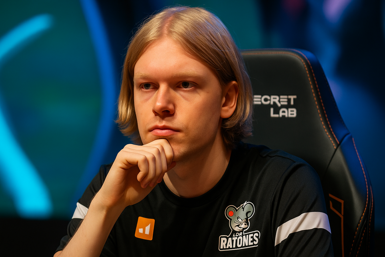 Jugador de esports de League of Legends concentrado en su setup gamer con ambiente competitivo.