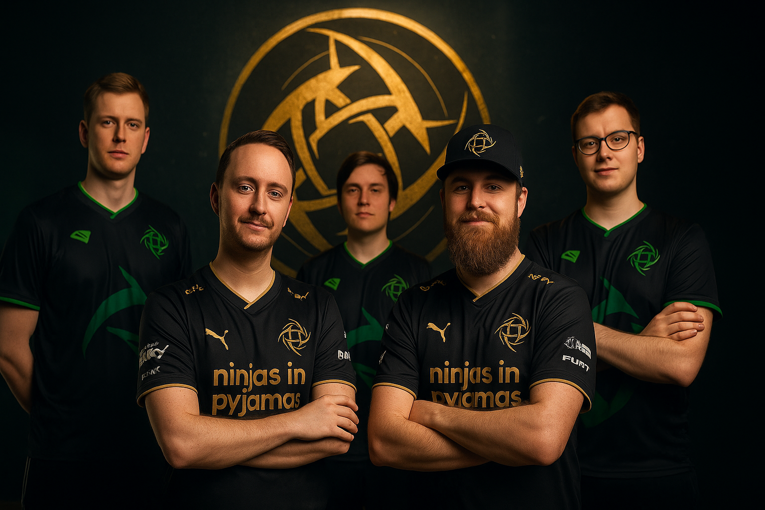 Jugadores de Ninjas in Pyjamas posando para celebrar el 25° aniversario del equipo de Counter-Strike.