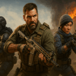 Soldados futuristas en combate urbano durante la Temporada 1 de Black Ops 7, mostrando armas modernas como la Maddox y ambiente bélico intenso.