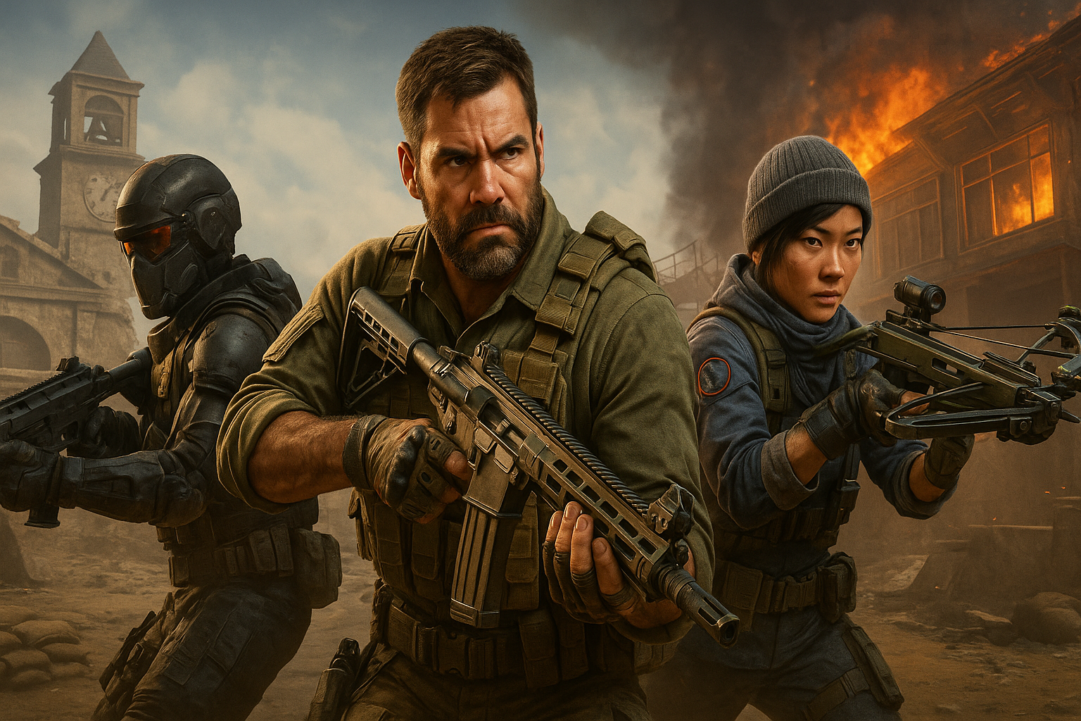 Soldados futuristas en combate urbano durante la Temporada 1 de Black Ops 7, mostrando armas modernas como la Maddox y ambiente bélico intenso.