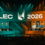 Escenario de la LEC 2026 con equipos compitiendo bajo luces azules y naranjas, representando la nueva era del League of Legends europeo.