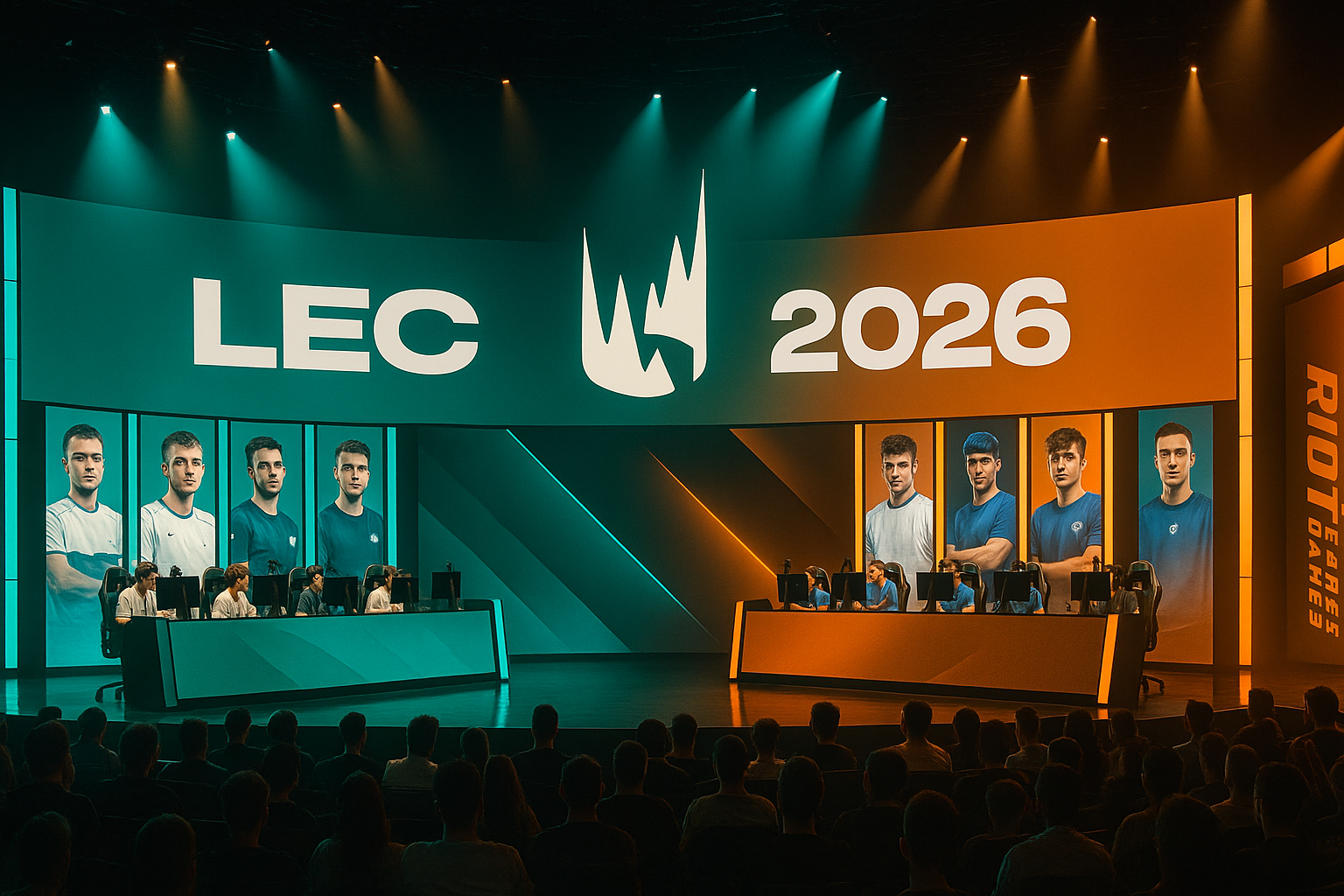 Escenario de la LEC 2026 con equipos compitiendo bajo luces azules y naranjas, representando la nueva era del League of Legends europeo.