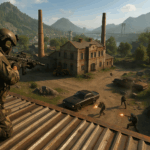 Soldado observando un combate en un mapa grande de Warzone al atardecer, con paisaje montañoso y ambiente realista.