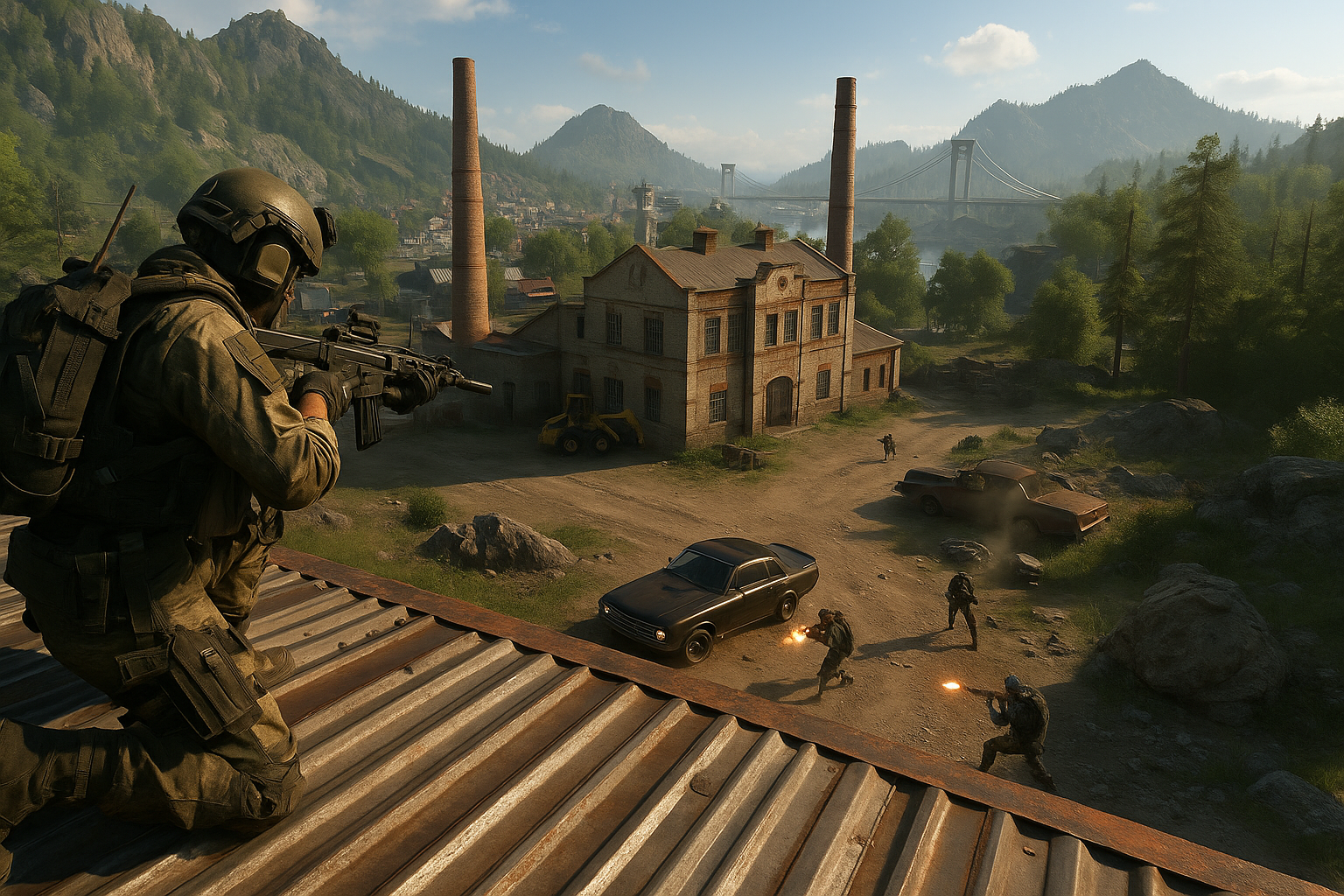 Soldado observando un combate en un mapa grande de Warzone al atardecer, con paisaje montañoso y ambiente realista.