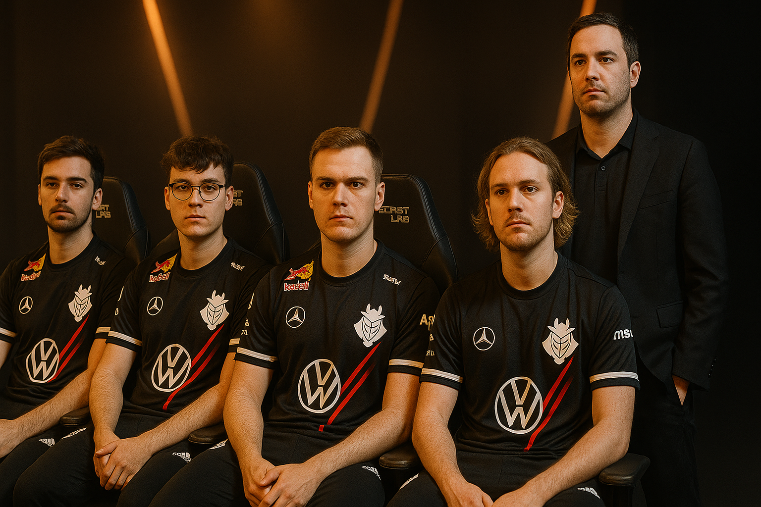 Equipo de G2 Esports junto a su coach Dylan Falco posando en formación horizontal antes de Worlds 2025.