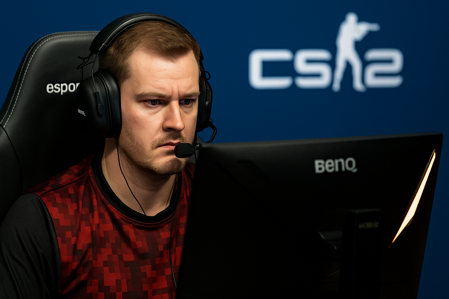 Jugador profesional concentrado en un partido de CS2 durante torneo internacional, representando el nivel competitivo de la región CIS.