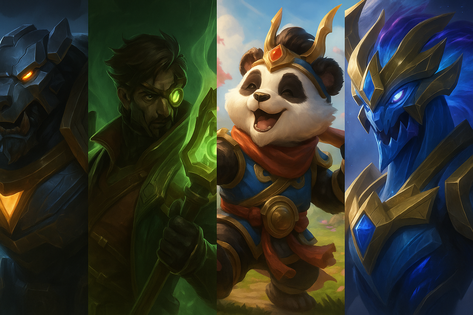 Campeones de League of Legends en versión Mecha y temática cósmica, incluyendo a Wukong, Darius, Viktor y Aurelion Sol.