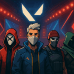 Escena de Valorant VCT Américas con jugadores profesionales en un escenario de e-sports iluminado en tonos rojos y azules, sin textos.