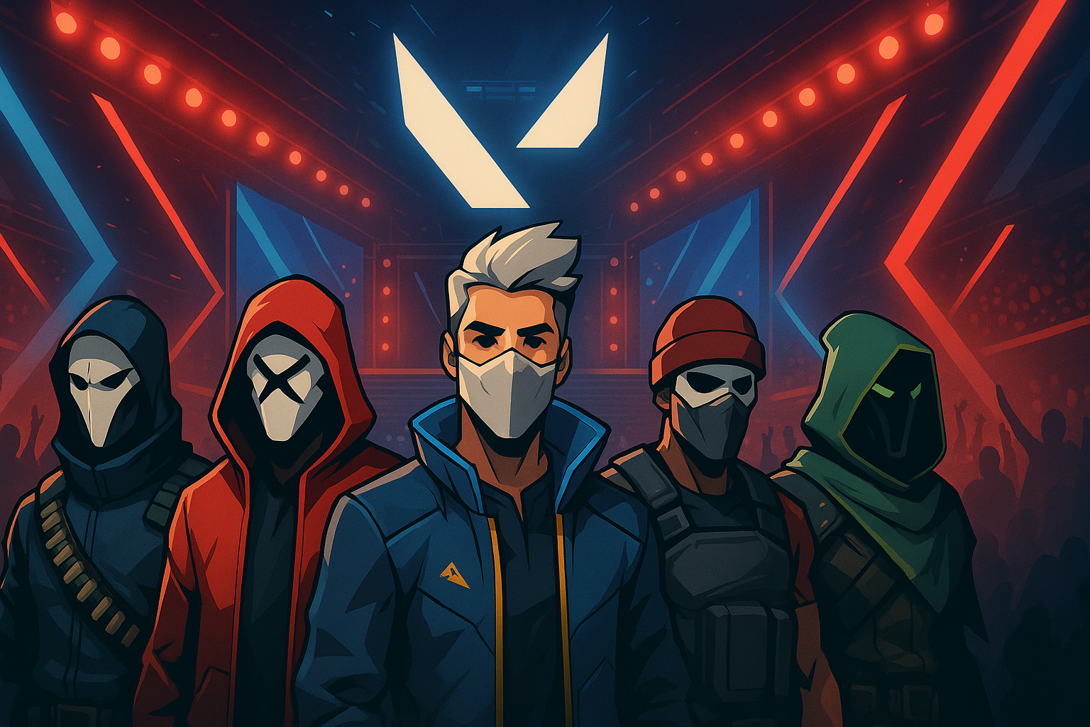 Escena de Valorant VCT Américas con jugadores profesionales en un escenario de e-sports iluminado en tonos rojos y azules, sin textos.