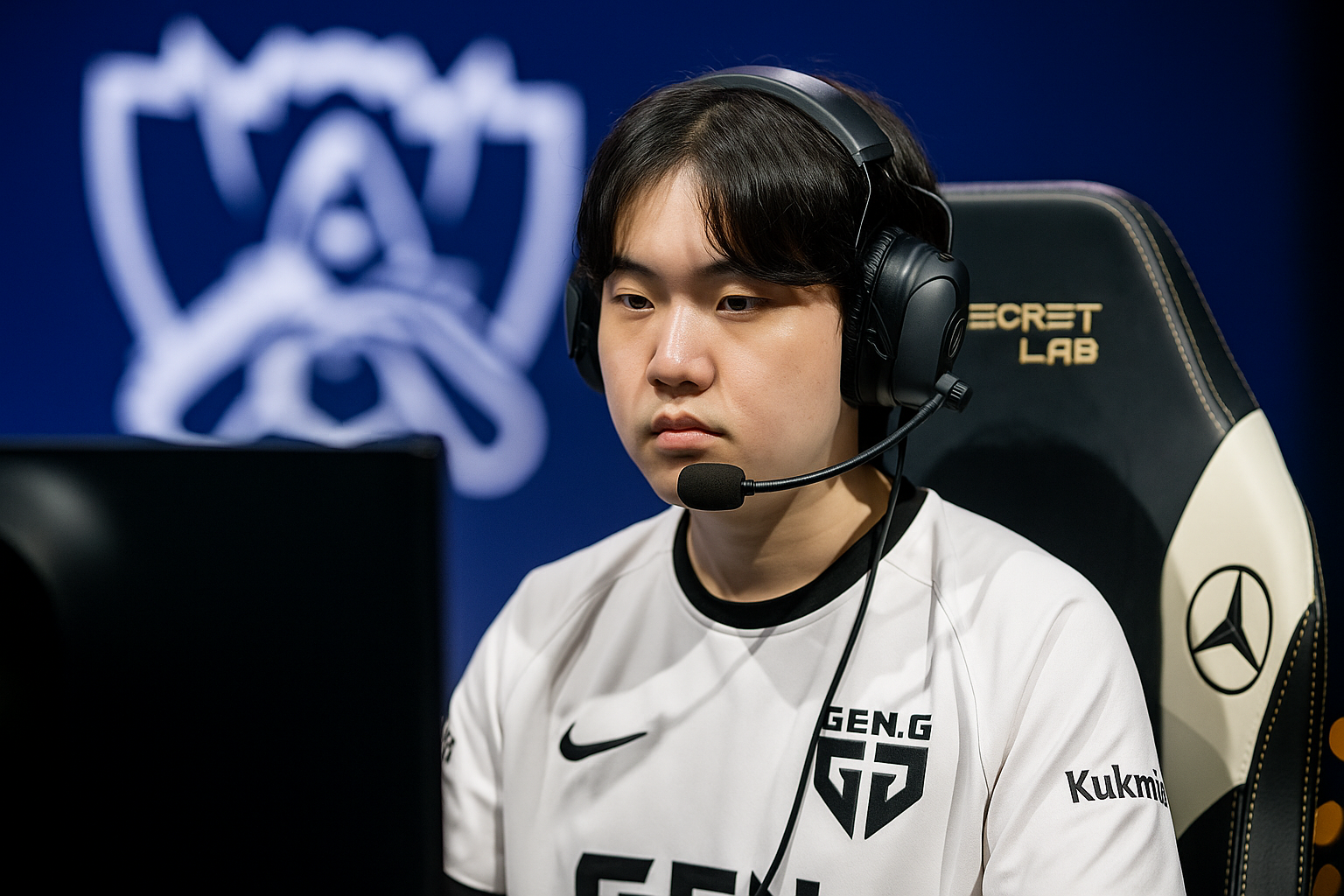 Jugador profesional coreano de Gen.G concentrado durante un partido en el Worlds 2025, con luces doradas y azules en el fondo.