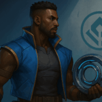 Concepto oficial del Agente 29 de VALORANT, un guerrero futurista de origen africano con un artefacto circular en su mano.