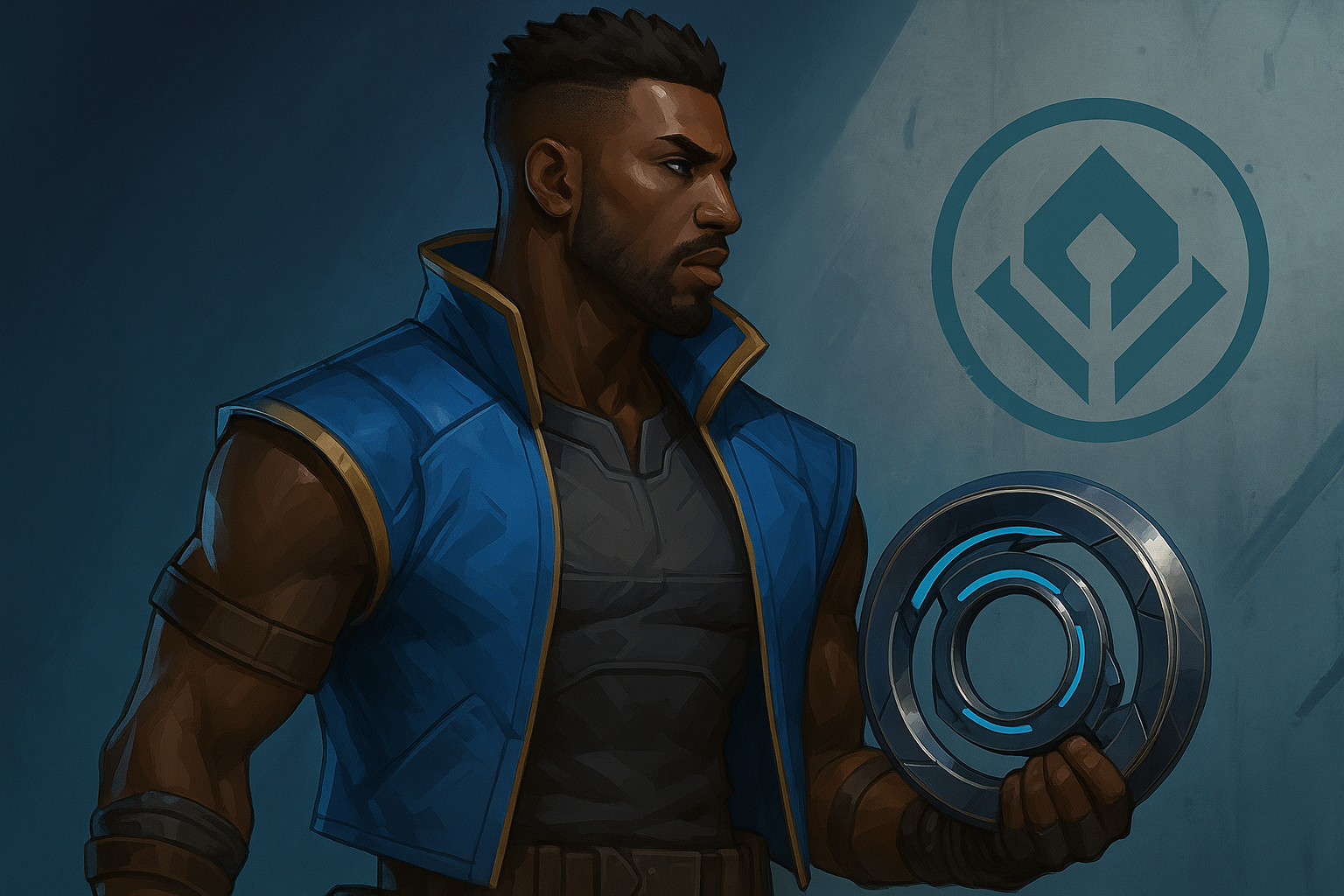 Concepto oficial del Agente 29 de VALORANT, un guerrero futurista de origen africano con un artefacto circular en su mano.