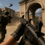Soldados en combate urbano dentro de Black Ops 7, apuntando con rifles de asalto en un escenario realista de guerra moderna.