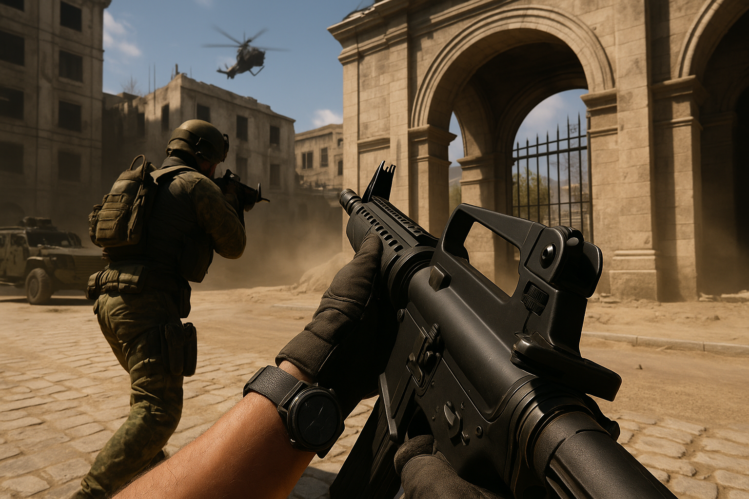 Soldados en combate urbano dentro de Black Ops 7, apuntando con rifles de asalto en un escenario realista de guerra moderna.