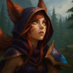 Campeona de League of Legends estilo felino en un bosque, con mirada intensa y armadura mágica, representando la experiencia en Mac.