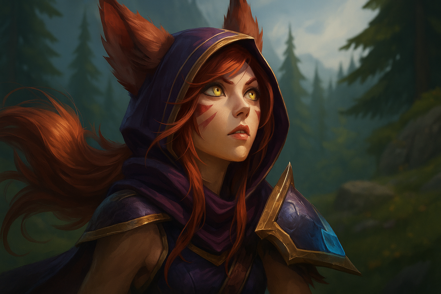 Campeona de League of Legends estilo felino en un bosque, con mirada intensa y armadura mágica, representando la experiencia en Mac.