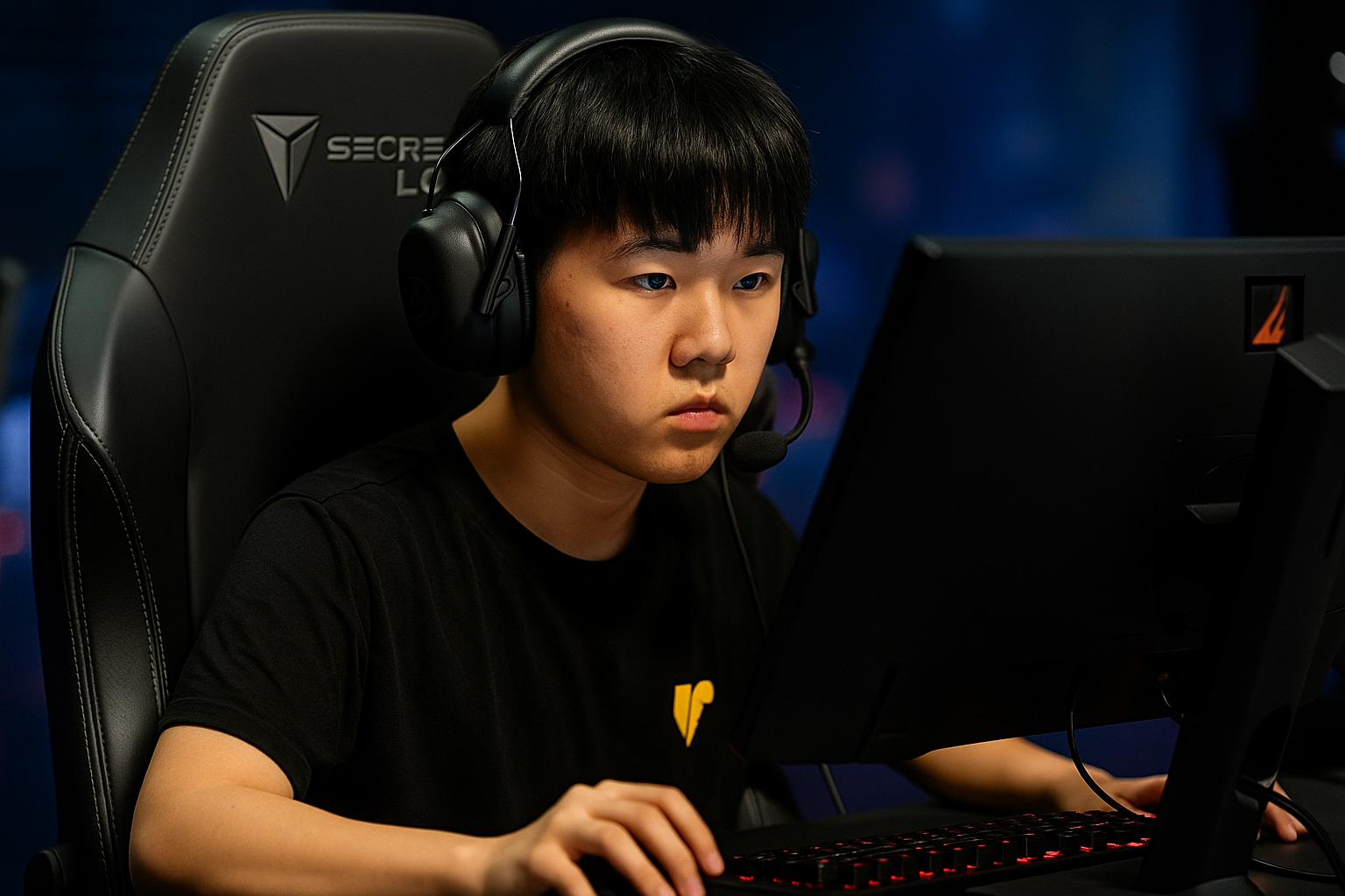 Jugador joven de CS2 concentrado en partida oficial en FACEIT HQ, bajo supervisión con setup gamer profesional.