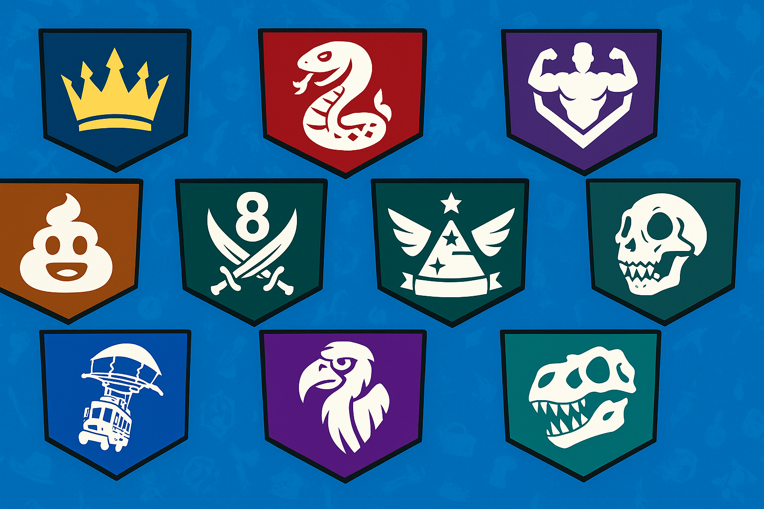 Colección de banners raros de Fortnite sobre fondo azul con íconos de corona, serpiente, autobús y calavera.