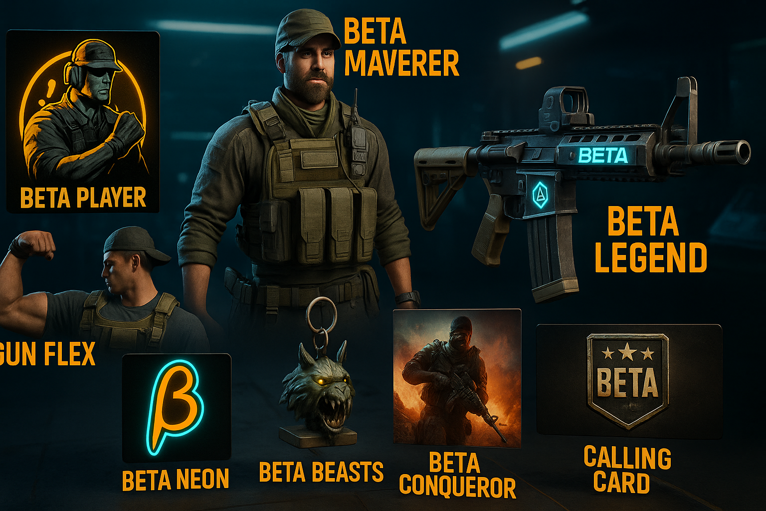 Recompensas de la beta de Black Ops 7 mostradas en un ambiente futurista con armas, emblemas y operadores.
