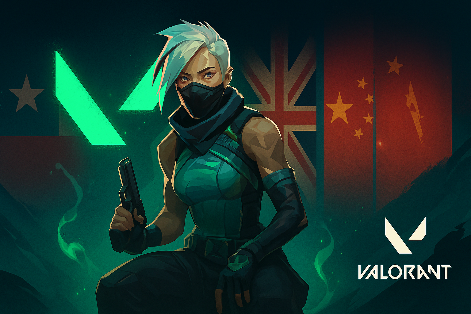 Ilustración de VALORANT con agente y banderas de Chile, Reino Unido y China representando torneos internacionales.