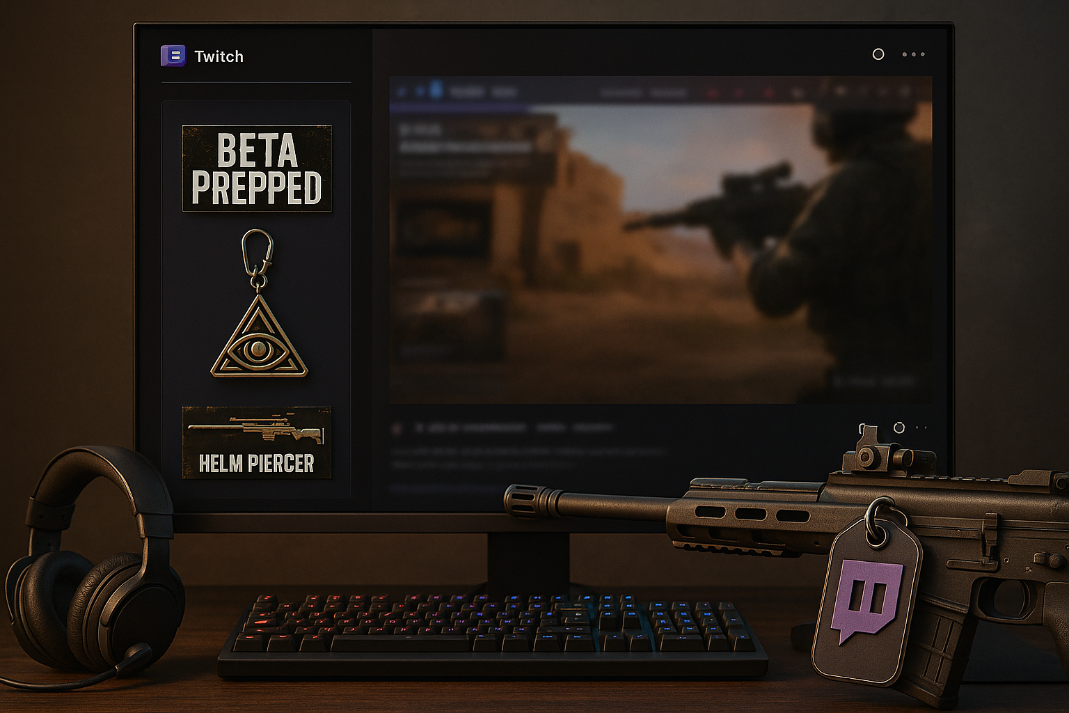 Configuración gamer con temática de Call of Duty Black Ops 7 mostrando recompensas de Twitch y rifle con detalles de stream.
