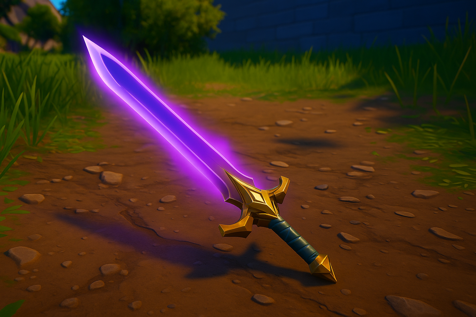 Espada Potenciada mítica brillando en el suelo de Fortnite Capítulo 6 Temporada 4, rodeada de luz púrpura.
