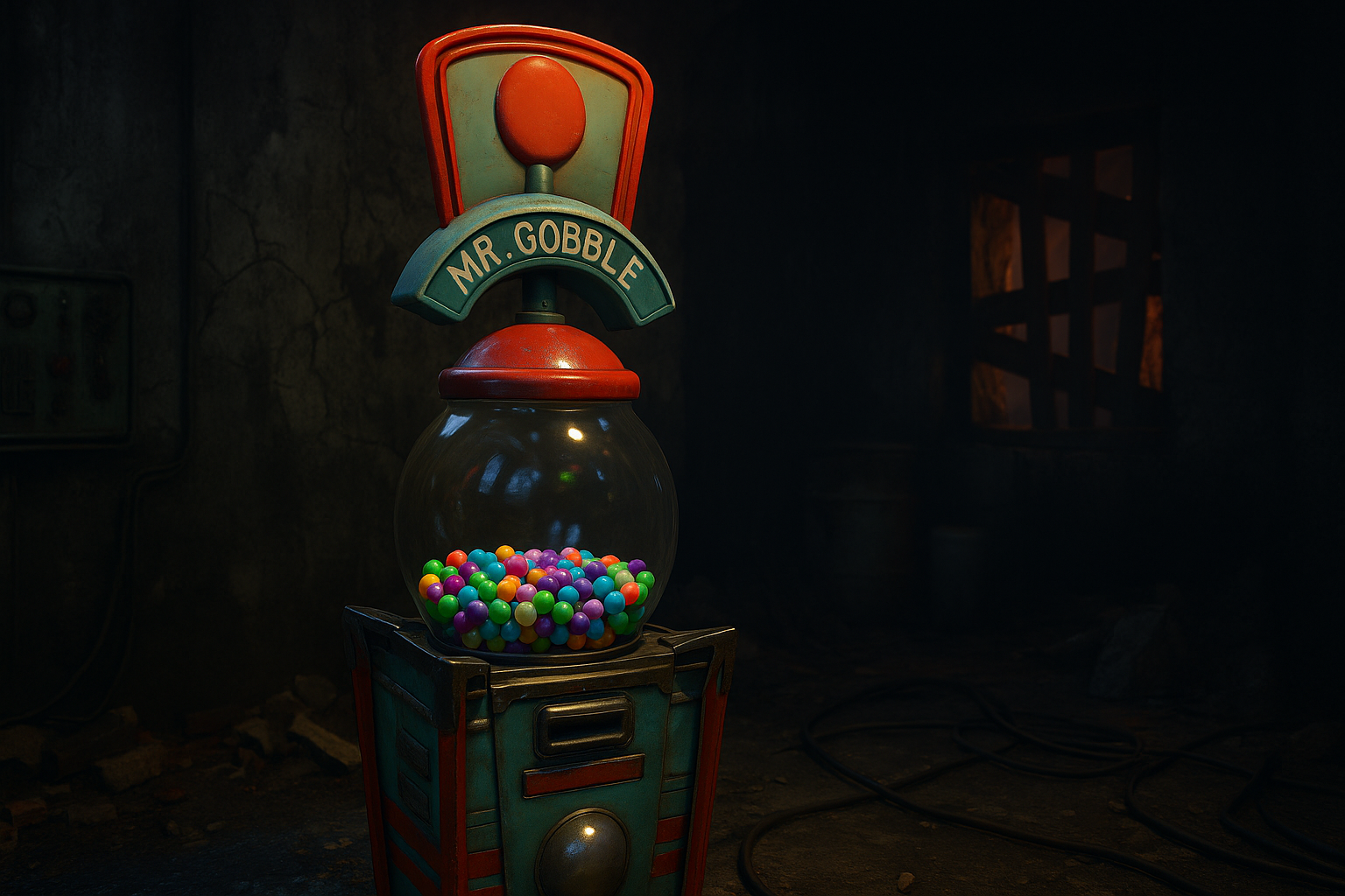 Máquina Gobblegum encendida en Black Ops 7 Zombies dentro de un laboratorio oscuro, con luces de neón y atmósfera de terror.