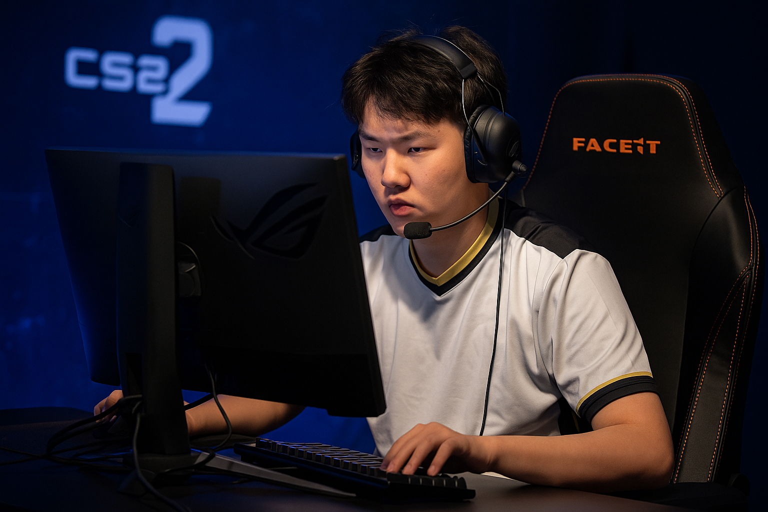 Jugador joven de CS2 concentrado en partida profesional en FACEIT HQ, con luces de neón y ambiente competitivo.