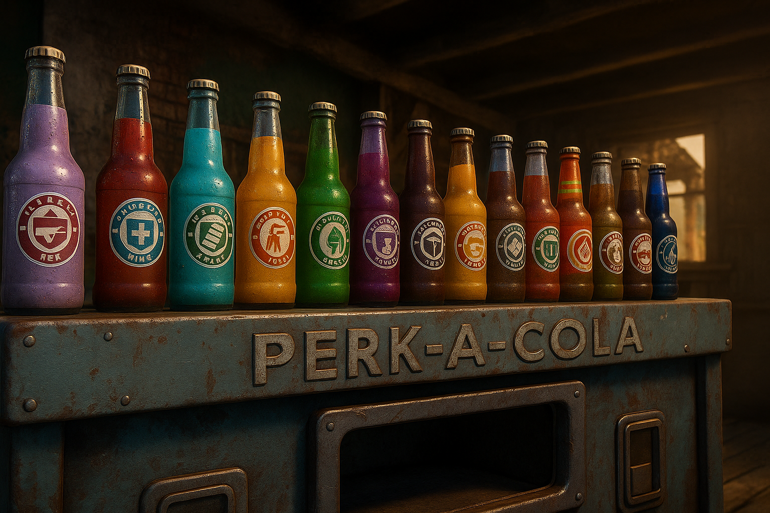 Botellas de Perk-a-Cola alineadas sobre una máquina clásica en un ambiente oscuro de Black Ops 7 Zombies.