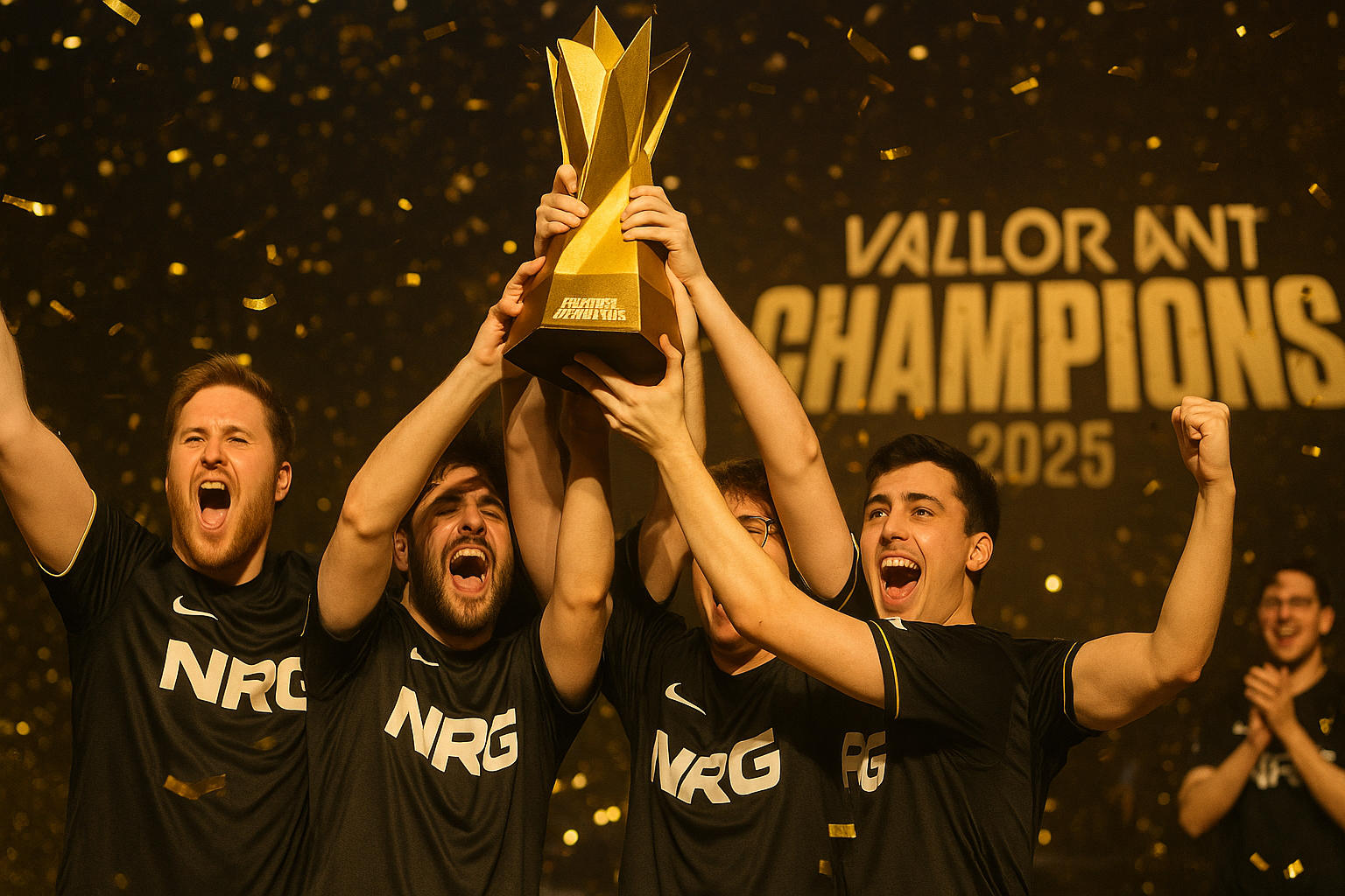Jugadores de NRG levantando el trofeo de VALORANT Champions 2025 celebrando entre confeti dorado.
