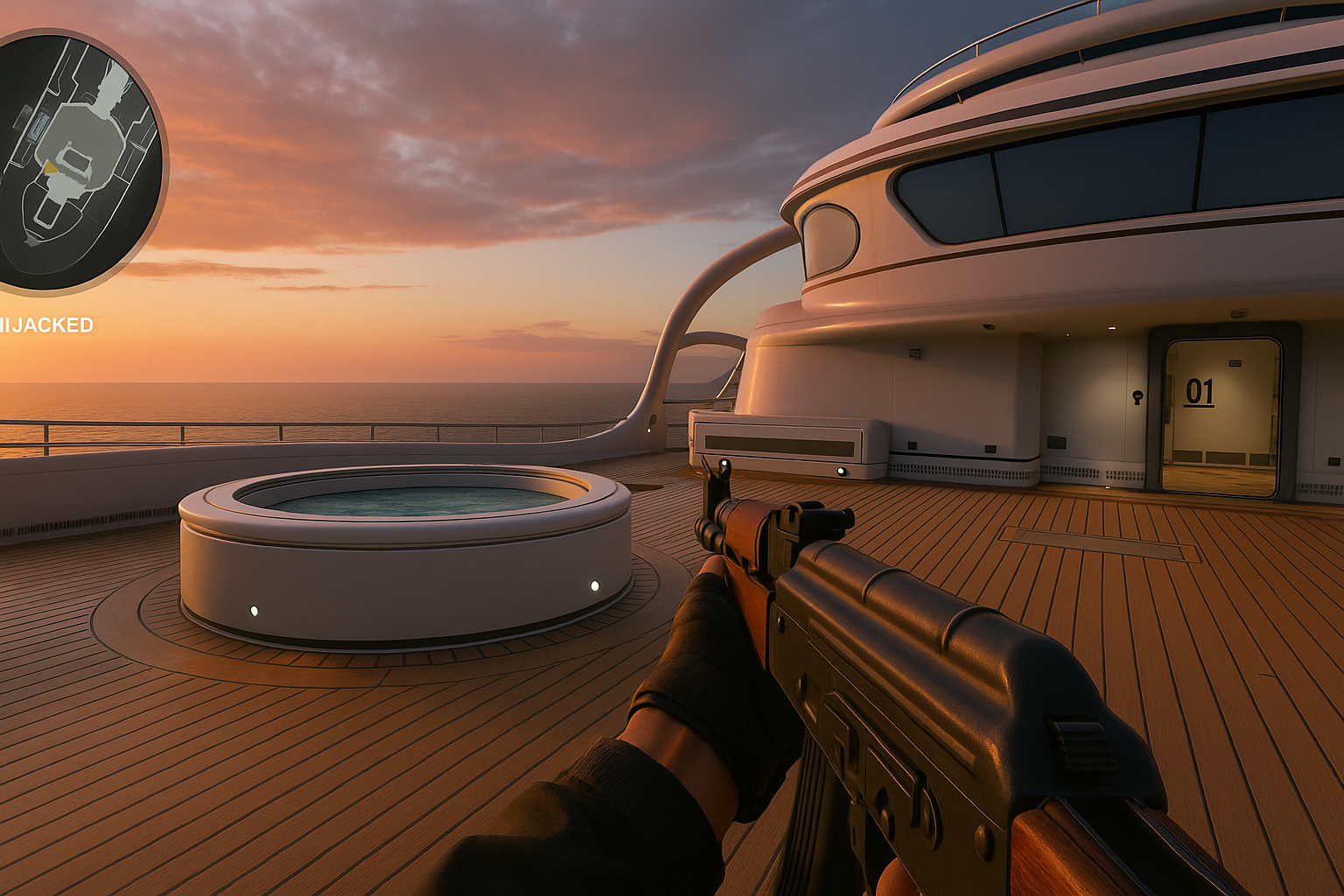 Jugador en el mapa Hijacked de Black Ops 7 apuntando su arma mientras cae el atardecer sobre el mar.