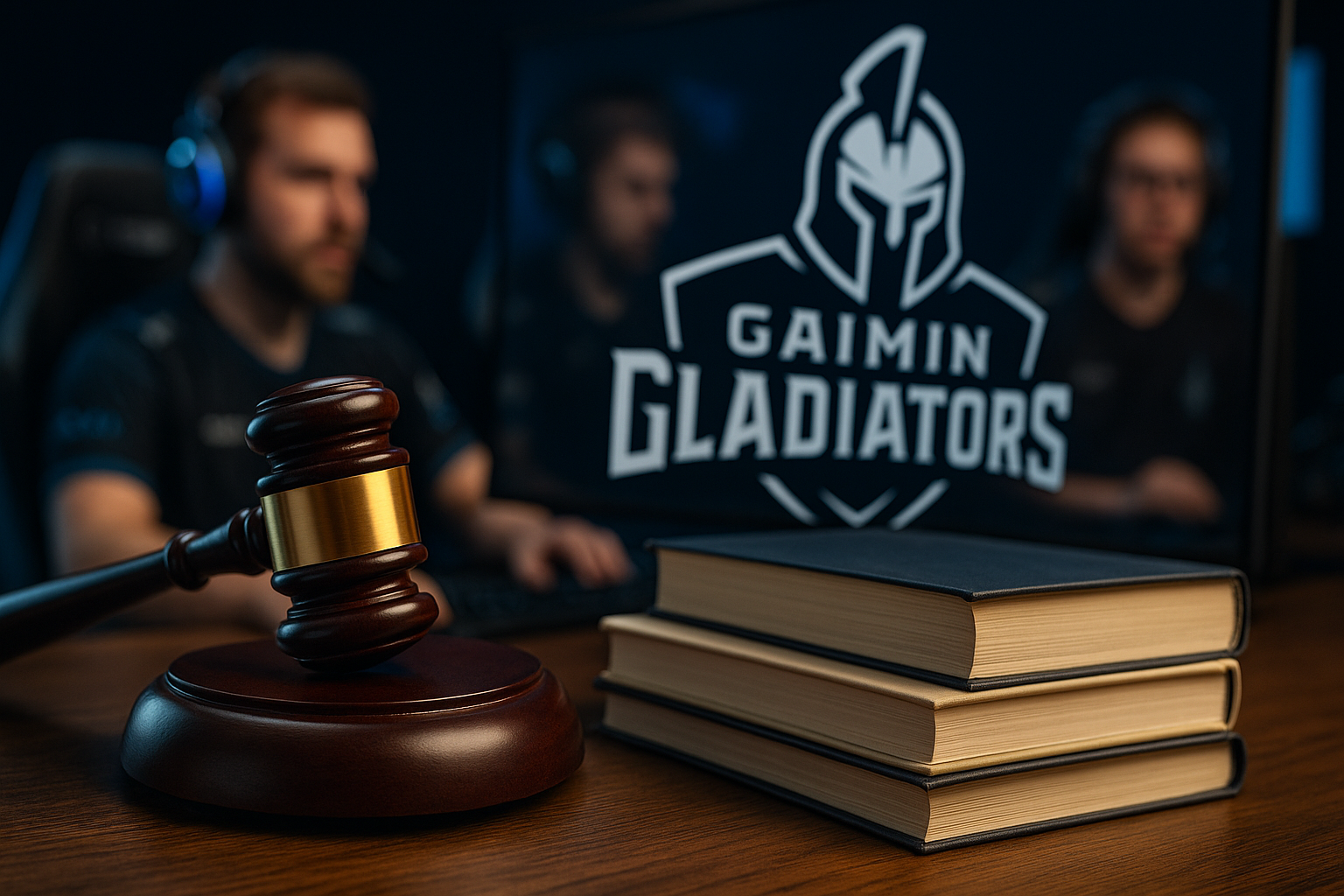 Mazo de juez frente a jugadores de Gaimin Gladiators en un ambiente de e-sports, representando la demanda legal.